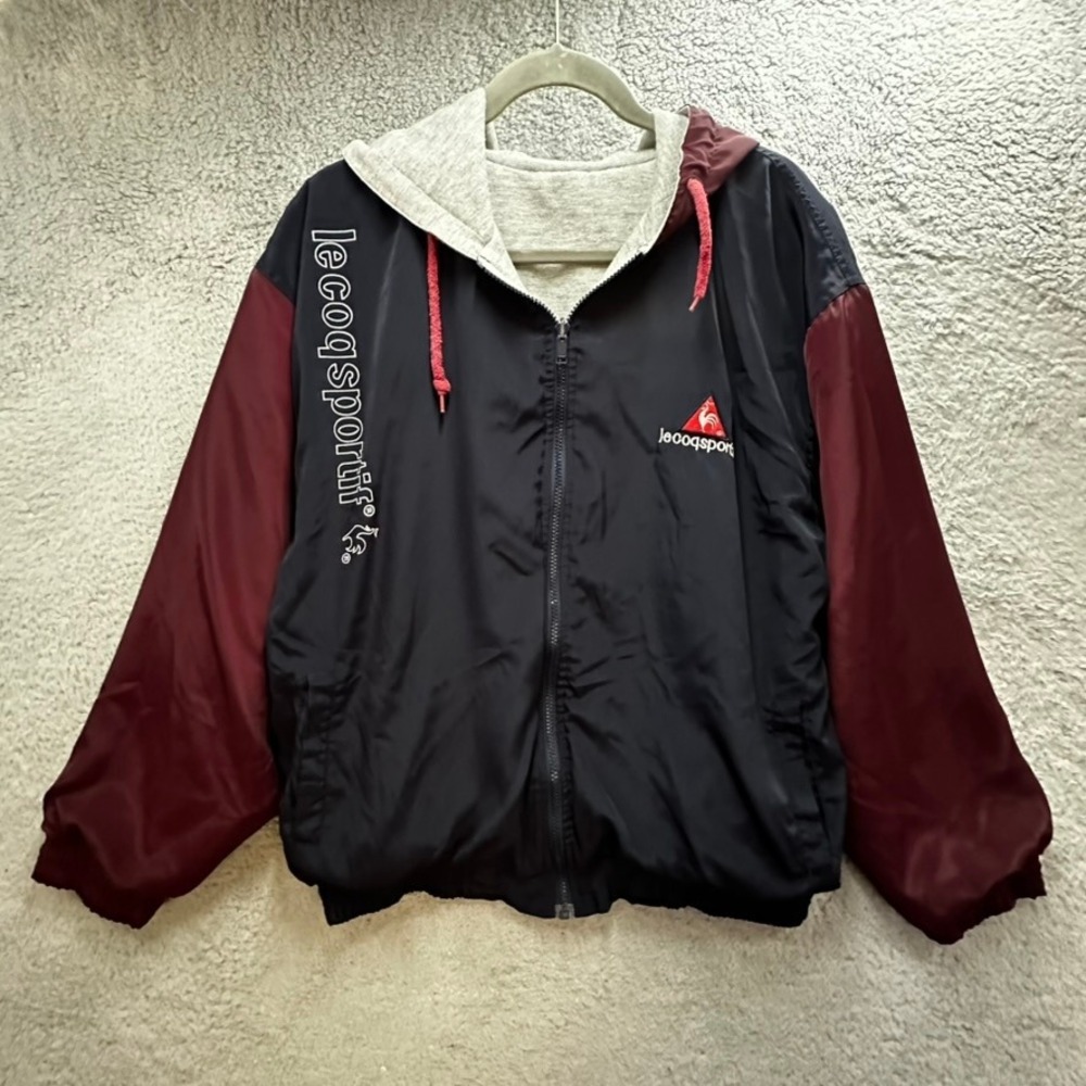 VTG Le Coq Sportif Womens 2XL Reversible Hooded Jacket Navy Burgundy Grey Zip up